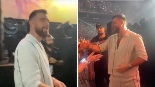 Travis Kelce hugs a Kansas City Chiefs fan at the Eras Tour in Paris