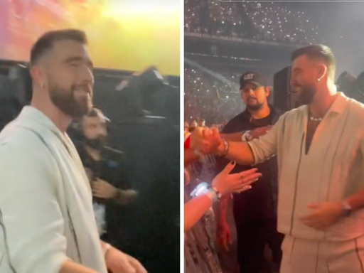 Travis Kelce hugs a Kansas City Chiefs fan at the Eras Tour in Paris