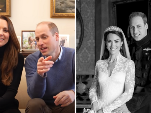 Kate Middleton & Prince William sit on a sofa laughing (left), Kate Middleton and Prince William on their wedding day