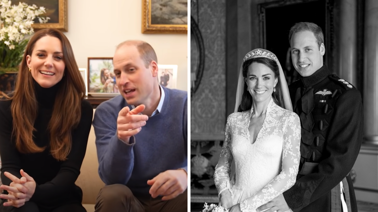 Kate Middleton & Prince William sit on a sofa laughing (left), Kate Middleton and Prince William on their wedding day